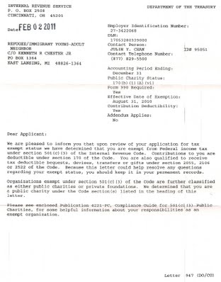 Page one of the IRS 501(c)(3) letter of determination for RYAN.