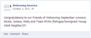 Welcoming America post congratulating Team RYAN as a Friend of Welcoming, dated October 3, 2011.